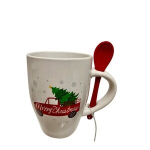 Holiday Style Merry Christmas Mug with Spoon Red Truck Christmas Tree Ceramic